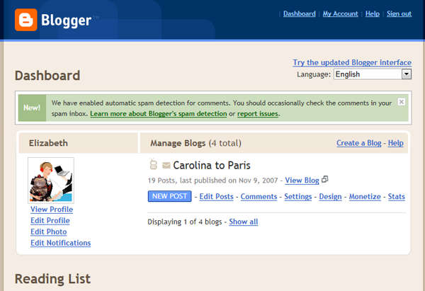The Blogger dashboard, or interface
