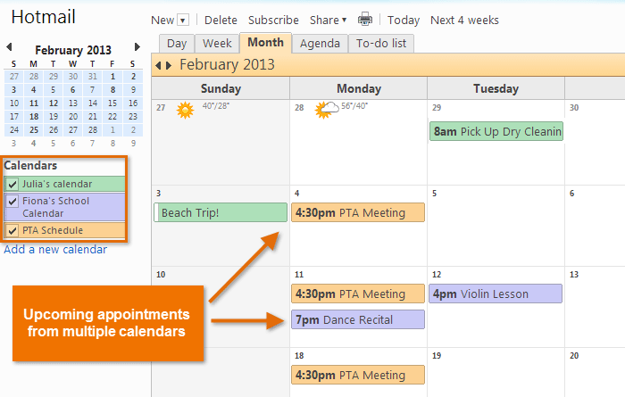 Screenshot of Hotmail Calendar