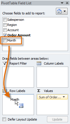 Dragging a new field into Row Labels