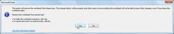 Removing the workbook from shared mode