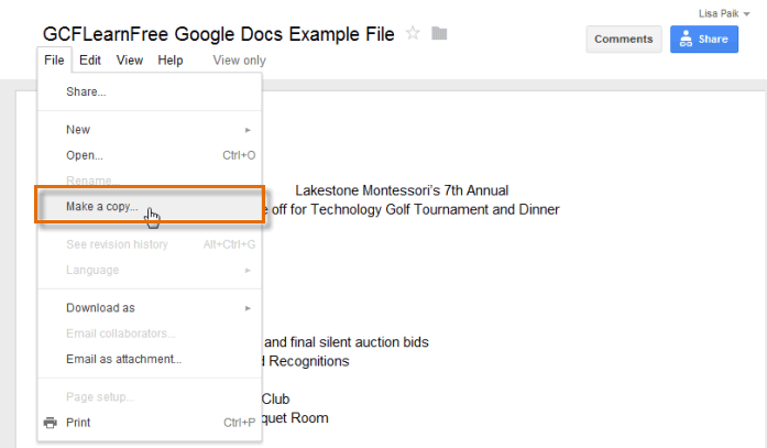 Screenshot of Google Spreadsheets