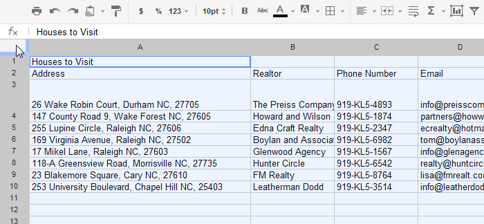 Screenshot of Google Spreadsheets