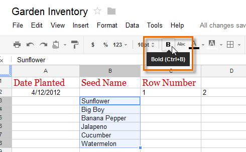 Screenshot of Google Spreadsheets