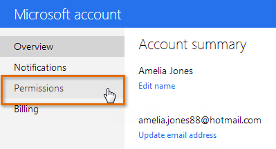 Screenshot of Microsoft account