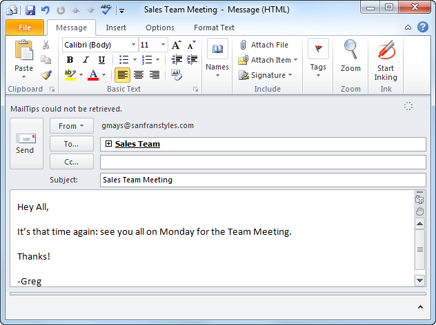 Screenshot of Microsoft Outlook 2010