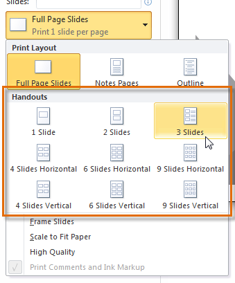 Selecting a layout for the handouts