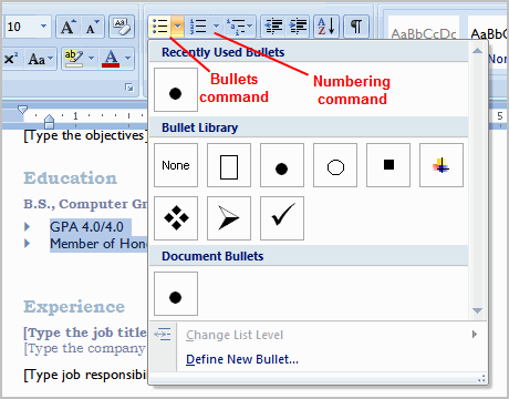 Bulleted or Numbered Lists