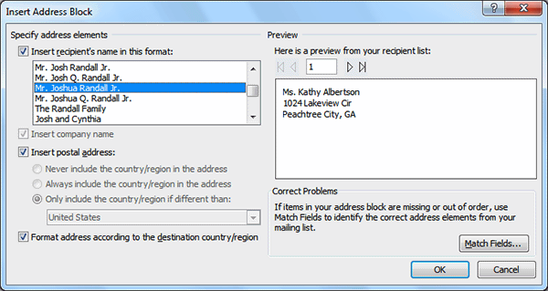 Adjusting the address block formatting