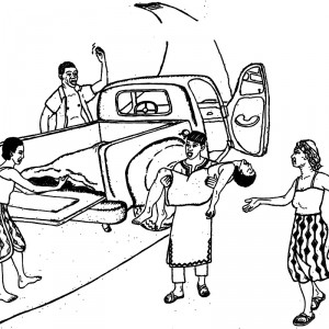 Illustration of woman being carried to a truck for emergency care