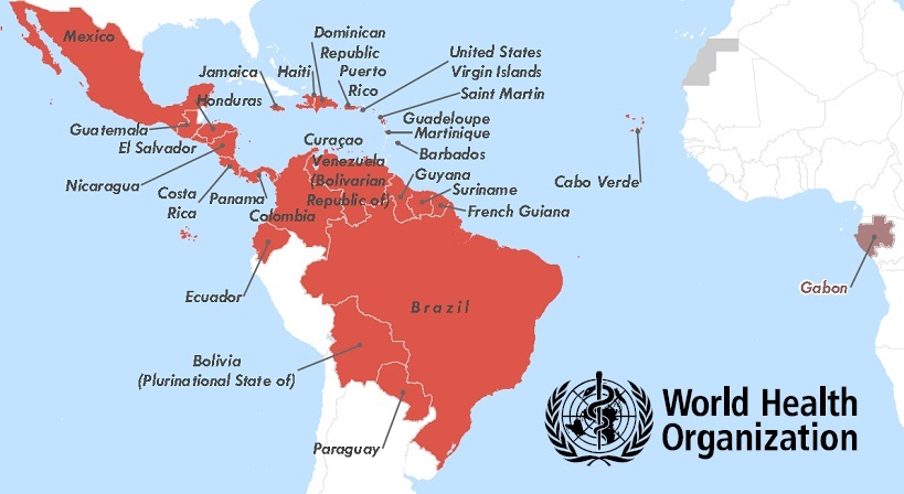 Countries and territories with autochthonous of Zika virus circulation 2007-2016. Image courtesy of Pan American Health Organization, February 5, 2016.