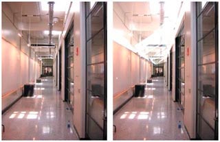 Two photos of the same corridor. Left one is of the original corridor. The right one has a new lighting scheme that brightens the ceiling. 