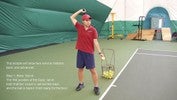 Facing right, a tennis ball is held in the left hand, while the right hand holds the racket up behind the head, pointing towards the ground.