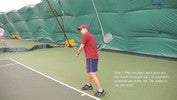 The racket is now held in the right hand, pointing directly away from the net, still tilted up and aligned with the vertical.