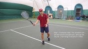 Leaning on the right foot, the racket swings around to the back, staying perpendicular to the arm, stopping less than halfway.