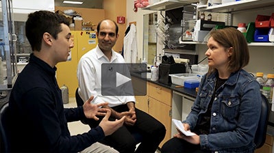 A woman and two men are talking in a lab.