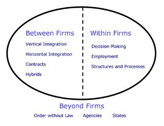 An ellipse surrounds the uses of organizational economics Between Firms on left (Vertical Integration, Horizontal Integration, Contracts, and Hybrids) and Within Firms on the right (Decision-Making, Employment, and Structures and Processes). Outside the ellipse are the uses Beyond Firms (Order without Law, Agencies, and States).