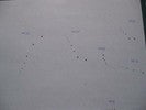 Photo of dark series of marks on a white piece of paper, showing where a ball dropped onto the piece of paper bounced.