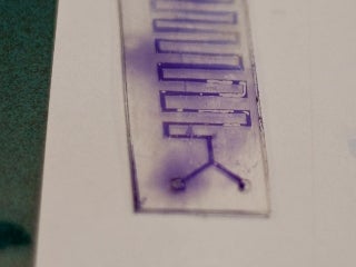 Photo of a glass slide etched with thin channels for fluid movement.