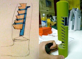 A drawing and a photo of a prototype showing different designs for a pediatric prosthetic device.