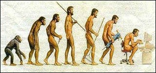 Graphic of seven figures in an evolutionary arc, starting with a monkey, with a figure standing upright in the middle, ending with a person hunched over at a computer.