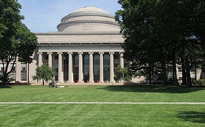 Maclaurin Buildings (dome and pillars) as viewed from the lawn. Green grass. Five mature trees to the right of the dome and pillars.