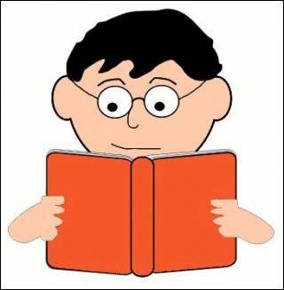 Image of a boy with glasses reading a book.