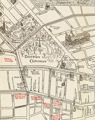 Labeled map of Boston with locations marked and drawn. 