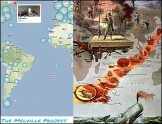 A map of the world with the left half showing a modern digital map of the Americas with points plotted by students and the right side showing an old literary map of the voyage of the Pequod.