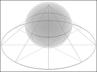 A gray sphere with black lines projecting from a single point on the sphere to a flat circle below.