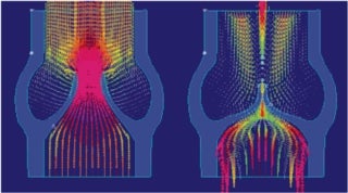 Colored model of fluid flow through the aortic valve.