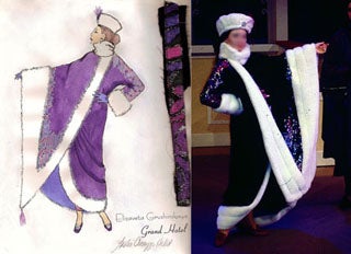 A rendering of a rich purple brocade jacket with white fur trim, and the finished garment on the actress.