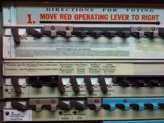 Image depicts a lever-operated voting machine used in 2008 U.S. presidential elections.