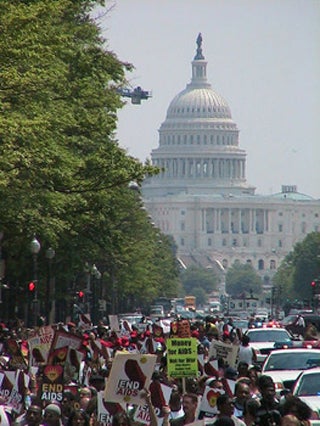 A photograph of protestors marching to the Whiote House.