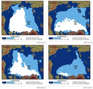 Sequence of four maps showing diminishing area of arctic ice coverage.