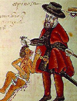 A drawing shows a Spaniard, wearing a beard and European clothing and holding a stick or sword, pulling the hair of a much smaller Indian who is wearing a loincloth and has blood flowing from his face and body