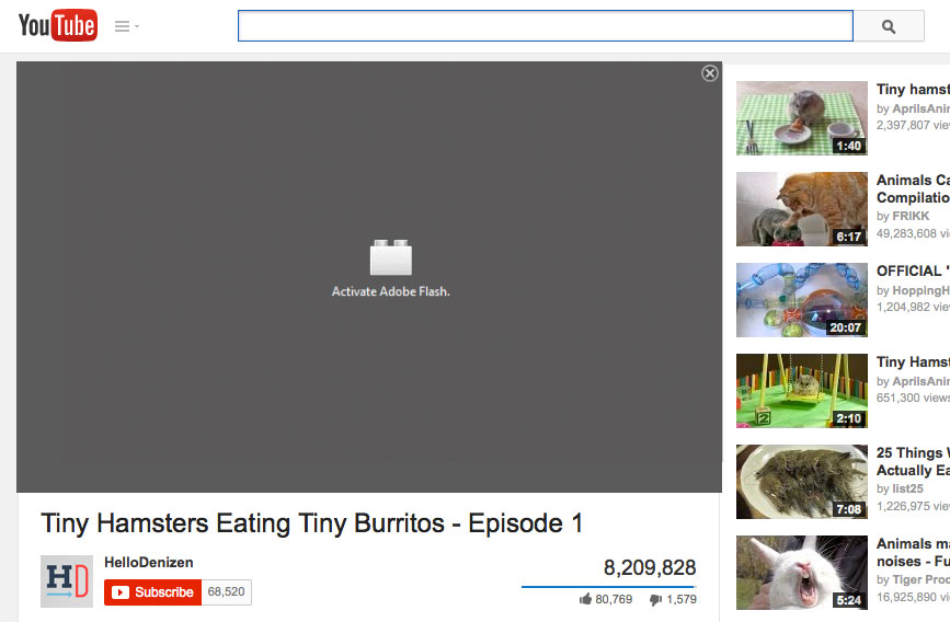 Youtube.com webpage with blocked Flash video