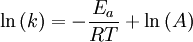  \ln{(k)} = - \frac{E_a}{RT} + \ln{(A)} 