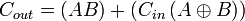 C_{out} = \left( AB \right) + \left( C_{in}\left( A \oplus B \right) \right)\,