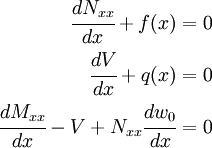 
 {
 \begin{align}
 \cfrac{dN_{xx}}{dx} + f(x) & = 0 \\
 \cfrac{dV}{dx} + q(x) & = 0 \\
 \cfrac{dM_{xx}}{dx} -V + N_{xx}\cfrac{dw_0}{dx} & = 0 
 \end{align}
 }
 