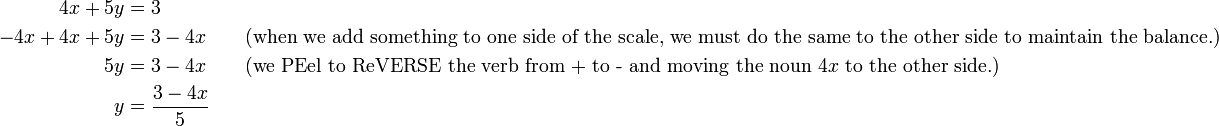 
\begin{align}
4x+5y &= 3\\
-4x + 4x +5y &= 3-4x \qquad \text{(when we add something to one side of the scale, we must do the same to the other side to maintain the balance.)}\\
5y &= 3 - 4x \qquad \text{(we PEel to ReVERSE the verb from + to - and moving the noun 4}x\text{ to the other side.)}\\
y&=\frac{3-4x}{5} 
\end{align}
