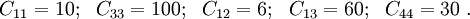 
C_{11} = 10;~~ C_{33} = 100;~~ C_{12} = 6;~~ C_{13} = 60;
~~ C_{44} = 30~. 
