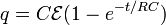  q = C\mathcal{E}(1-e^{-t/RC})\,\!