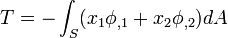 
 {
T = -\int_{S} (x_1 \phi_{,1} + x_2 \phi_{,2}) dA \,
 }
