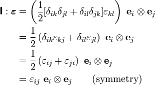 \begin{align}
\boldsymbol{\mathsf{I}}:\boldsymbol{\varepsilon} & = \left(
 \frac{1}{2}[\delta_{ik}\delta_{jl} + \delta_{il}\delta_{jk}]
 \varepsilon_{kl}\right)~
 \mathbf{e}_i\otimes\mathbf{e}_j \\
 & = \frac{1}{2}\left(\delta_{ik}\varepsilon_{kj} + \delta_{il}\varepsilon_{jl}\right)~
 \mathbf{e}_i\otimes\mathbf{e}_j \\
 & = \frac{1}{2}\left(\varepsilon_{ij} + \varepsilon_{ji}\right)~\mathbf{e}_i\otimes\mathbf{e}_j \\
 & = \varepsilon_{ij}~ \mathbf{e}_i\otimes\mathbf{e}_j \qquad \text{(symmetry)}
\end{align}