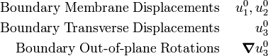 
 \begin{align}
 \text{Boundary Membrane Displacements}~ & & u^0_1, u^0_2 \\
 \text{Boundary Transverse Displacements}~ & & u^0_3 \\
 \text{Boundary Out-of-plane Rotations}~ & & \boldsymbol{\nabla} u^0_3 
 \end{align}
 