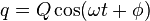 q = Q \cos(\omega t + \phi)\,\!