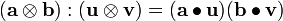 \begin{align}
(\mathbf{a}\otimes\mathbf{b}):(\mathbf{u}\otimes\mathbf{v}) & = 
 (\mathbf{a}\bullet\mathbf{u})(\mathbf{b}\bullet\mathbf{v}) 
\end{align}