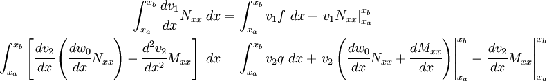 \begin{align}
 \int_{x_a}^{x_b} \cfrac{dv_1}{dx}N_{xx}~dx & =
 \int_{x_a}^{x_b} v_1 f~dx + \left.v_1 N_{xx}\right|_{x_a}^{x_b}\\
 \int_{x_a}^{x_b} \left[
 \cfrac{dv_2}{dx}\left(\cfrac{dw_0}{dx}N_{xx}\right) -
 \cfrac{d^2v_2}{dx^2}M_{xx}\right]~dx & =
 \int_{x_a}^{x_b} v_2 q~dx + 
 \left.v_2\left(\cfrac{dw_0}{dx}N_{xx}+\cfrac{dM_{xx}}{dx}\right)
 \right|_{x_a}^{x_b} - 
 \left.\cfrac{dv_2}{dx}M_{xx} \right|_{x_a}^{x_b}
 \end{align}