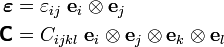 \begin{align}
\boldsymbol{\varepsilon} & =\varepsilon_{ij}~\mathbf{e}_i\otimes\mathbf{e}_j \\
\boldsymbol{\mathsf{C}} & = C_{ijkl}~\mathbf{e}_i\otimes\mathbf{e}_j\otimes\mathbf{e}_k\otimes\mathbf{e}_l
\end{align}