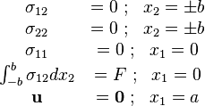 \begin{matrix}
    \sigma_{12} & = 0 ~;~~ x_2 = \pm b \\
    \sigma_{22} & = 0 ~;~~ x_2 = \pm b \\
    \sigma_{11} & = 0 ~;~~ x_1 = 0 \\
    \int_{-b}^{b}\sigma_{12} dx_2 & = F ~;~~ x_1 = 0 \\
    \mathbf{u} & = \mathbf{0} ~;~~ x_1 = a
  \end{matrix}